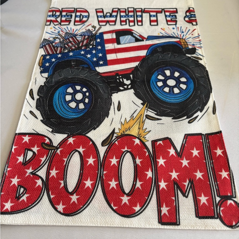 Red White and Blue Monster Truck Boom Garden Flag
